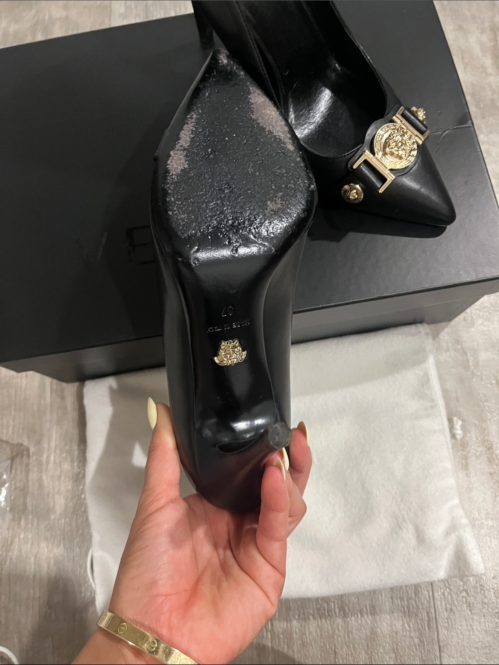 Versace Black Leather Pointed-Toe Stiletto Heels with Gold Medusa Hardware - Picture 2 of 7